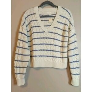 aeropostale Women White Blue Stripe Knit V neck Long sleeve Sweater Size‎ Xl